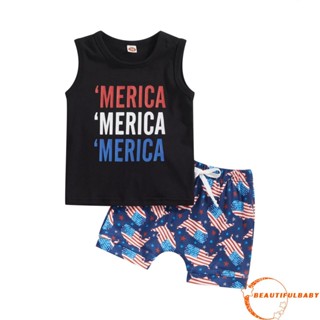 Beauty-baby Boys 4th of July เสื้อกล้ามแขนกุด พิมพ์ลายตัวอักษร + กางเกงขาสั้น ผูกด้านหน้า สําหรับเด็กผู้ชาย