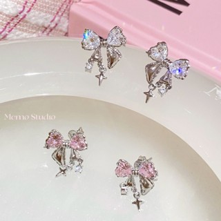 Starlight Bow Heart Earrings for Girls New Zircon Sweet, Exquisite, Cute, and Small Group Earrings with Flat Replacement Earrings