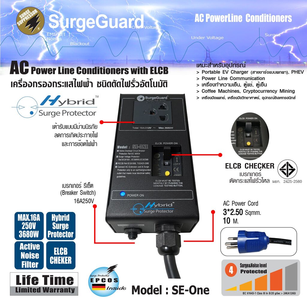 SurgeGuard SE-ONE Exclusived for EV Car เครื่องกรองกระแสไฟฟ้า ชนิดตัดไฟรั่วอัตโนมัติ สายไฟ 2.5 Sq.mm. กันกระชาก 10 เมตร