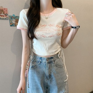 8537# Drawstring short-sleeved t-shirt womens summer small design sense niche short top bottoming shirt