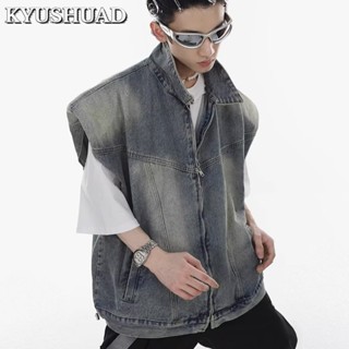 KYUSHUAD เสื้อกั๊กทรงหลวมและแจ็คเก็ตแขนกุดสำหรับบุรุษและสตรี, เสื้อกั๊กยีนส์แผ่นไหล่ย้อนยุคล้างและทุกข์,