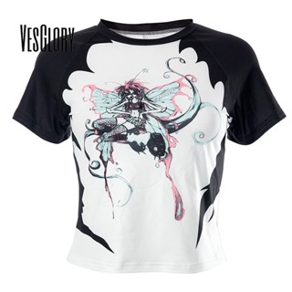 Vesglory เสื้อครอปท็อป คอกลม แขนสั้น พิมพ์ลาย สีตัดกัน แฟชั่นสําหรับผู้หญิง 2023