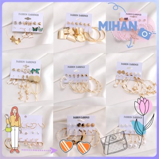 Mihan เครื่องประดับต่างหูห่วงมุกสีทองสไตล์วินเทจสําหรับสตรี 6 คู่