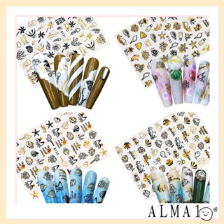 Alma สติกเกอร์ติดเล็บ ลายประกายดอกไม้ ใบไม้ สีดํา ทอง DIY ทําเล็บ