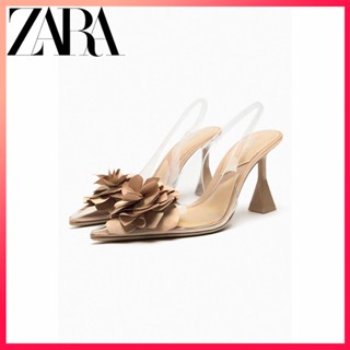 Zara ฤดูร้อนใหม่ รองเท้าผู้หญิง ดอกไม้ใส ตกแต่งพลาสติก slingback mules