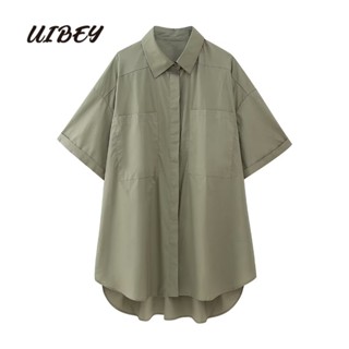 Uibey เสื้อเชิ้ตแฟชั่น คอปก จับจีบ ความยาวปานกลาง 3737