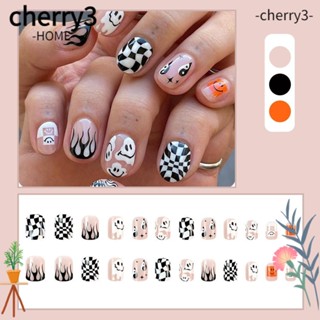 Cherry3 เล็บปลอม ลายหมากรุกฮาโลวีน แบบสั้น ถอดออกได้ 24 ชิ้น