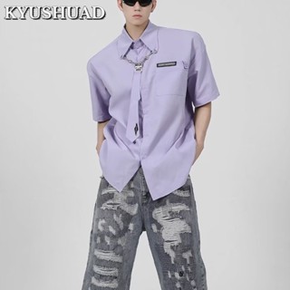 KYUSHUAD เสื้อแขนสั้นสำหรับคู่รักพร้อมเนคไทหลากสี, เสื้อเชิ้ตสีขาวดีไซน์เฉพาะสำหรับผู้ชายและผู้หญิง,