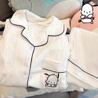 Sanrio Pochacco ชุดนอน เสื้อคาร์ดิแกน แขนยาว แบบนิ่ม สไตล์เกาหลี สําหรับผู้หญิง Y2k [GM]