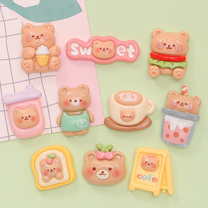 แผ่นกาวเรซิ่น ลายการ์ตูนหมี เบอร์เกอร์ ชานม แฮนด์เมด diy สําหรับติดตกแต่งโทรศัพท์มือถือ แก้วน้ํา ปิ่นปักผม