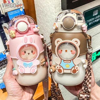 Virgo311 ถ้วยหัดดื่มพลาสติกแบบพกพา Sippy Cup ขวดน้ำลายการ์ตูนพร้อมสายคล้อง