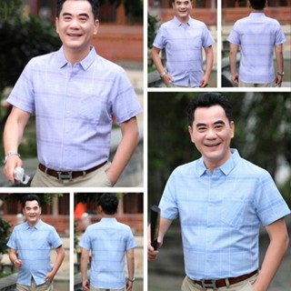 Spot ultra-high CP value] Boys shirts, middle-aged and elderly, summer short-sleeved shirts, mens real pockets, casual, thin tops, Dads summer loose shirts.