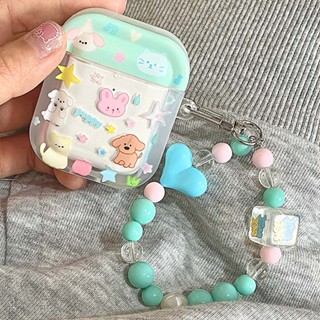 เคสหูฟัง แบบใส จี้รูปกระต่าย สุนัข แมว สีเขียวมิ้นท์ สําหรับ AirPods Pro 1 2 3 Pro2