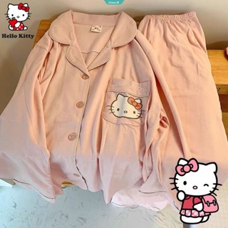 Sanrio Hello Kitty เสื้อยืดแขนยาว กางเกงขายาว ทรงหลวม สองชิ้น ชุดนอนผู้หญิงน่ารัก ฤดูร้อน เสื้อ ชุดนอนนุ่ม [GM]