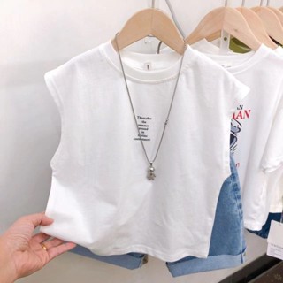 พร้อมส่ง ลดกระหน่ํา เสื้อยืดแขนกุดลําลอง ผ้าฝ้ายแท้ แบบบาง เข้ากับทุกการแต่งกาย สไตล์เกาหลี และญี่ปุ่น แฟชั่นฤดูร้อน สําหรับเด็กผู้ชาย และเด็กผู้หญิง