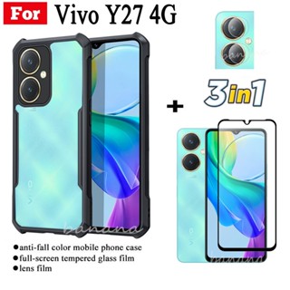 3in1 vivo Y27 เคสโทรศัพท์ กันกระแทก สําหรับ vivo Y27 4G Y 27 Y2 7 เคสใส อะคริลิค TPU นิ่ม ฝาหลัง กันตก + ฟิล์มกระจกนิรภัย + ฟิล์มเลนส์