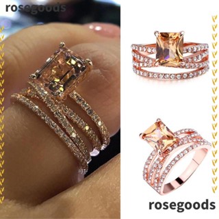 Rosegoods1 ชุดเครื่องประดับ แหวนเพชร เพทาย ทรงสี่เหลี่ยม สีโรสโกลด์ หรูหรา 2 ชิ้น