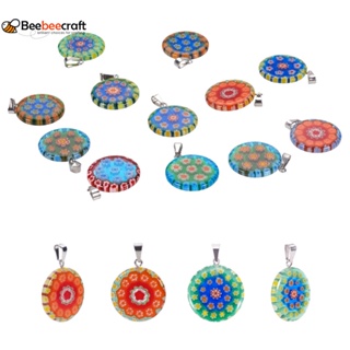 Millefiori จี้โคมไฟ สเตนเลส 304 ทรงกลมแบน แฮนด์เมด คละสี 23x20x3~3.5 มม. รู 2.5x5 มม. 20 ชิ้น