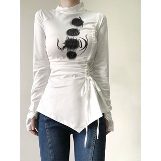 Milyfashion เสื้อยืดแขนยาว คอเต่า สีขาว แฟชั่นฤดูใบไม้ร่วง ฤดูหนาว สําหรับผู้หญิง