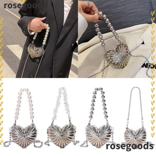 Rosegoods1 กระเป๋าเปลือกหอย ขนาดเล็ก รูปหัวใจ โลหะ กระเป๋าสะพายข้าง โซ่แฟชั่น ลิปสติก กระเป๋าผู้หญิง