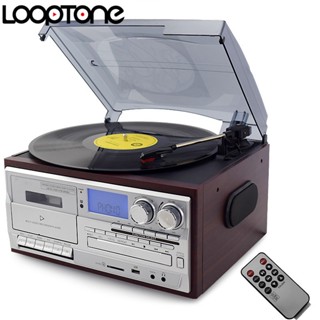 Looptone เครื่องเล่นแผ่นเสียงไวนิล LP 3 ความเร็ว เครื่องเล่นแผ่นเสียง เครื่องเล่นแผ่นเสียง FM AM วิทยุ FM USB REC สไตล์วินเทจ