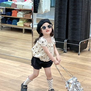 Korean style childrens clothing 2023 Summer new girls suit polka dot bubble sleeve top Western style casual shorts two-piece set I2VU