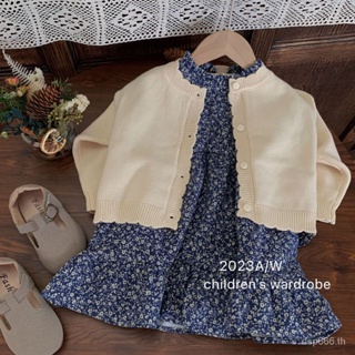 Korean style childrens clothing 2023 New girls Western style suit autumn knitted sweater cardigan floral dress two-piece set ZENU
