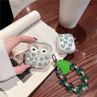 เคสหูฟัง TPU แบบนิ่ม ลายหัวใจมรกต พร้อมสายโซ่คล้อง สําหรับ Airpods 1 2 Airpods 3 Pro2