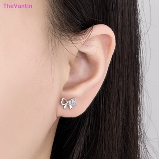 Thevantin ต่างหูสตั๊ด ประดับโบว์ คริสตัล สีเงิน เครื่องประดับแฟชั่น สําหรับผู้หญิง 1 คู่