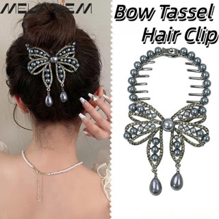 Korean INS Style Sweet Bow Tassel Hair Clip Elegant Ponytail Buckle Hair Accessories Pearl Rhinestone Hair Claw Girls