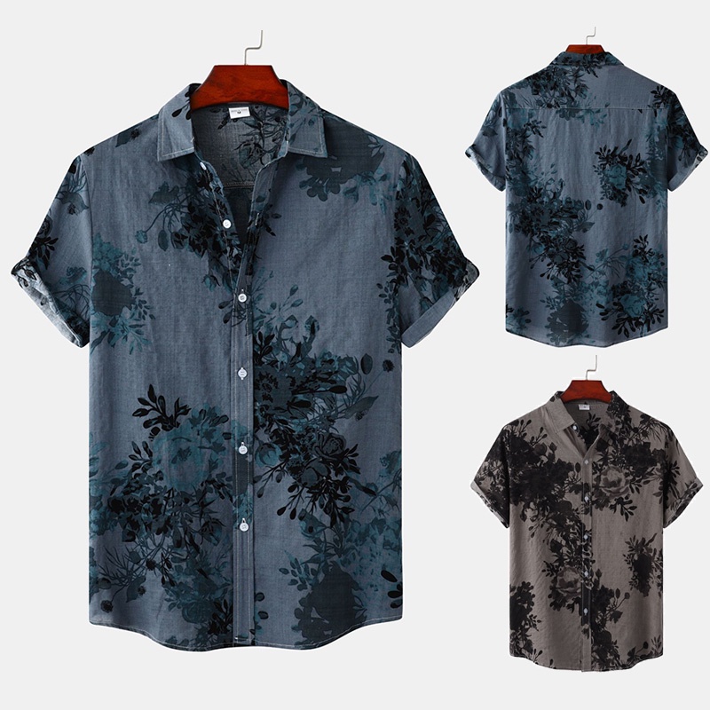เสื้อเชิ้ตแขนสั้นลําลอง คอปก ผ้าฝ้าย ทรงหลวม ขนาดใหญ่ สีฟ้า สีเทา สําหรับผู้ชาย