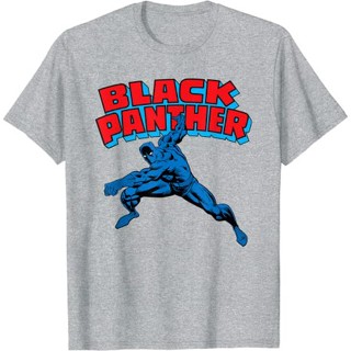 เสื้อยืดแขนสั้น ผ้าฝ้าย 100% พิมพ์ลายการ์ตูนมาร์เวล Black Panther สไตล์เรโทร สําหรับผู้ชาย และผู้หญิง