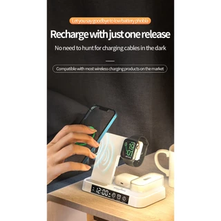GOOJODOQ 4 in 1 แท่นชาร์จหูฟังไร้สาย พร้อมนาฬิกาปลุก และไฟกลางคืน สําหรับ iPhone Watch