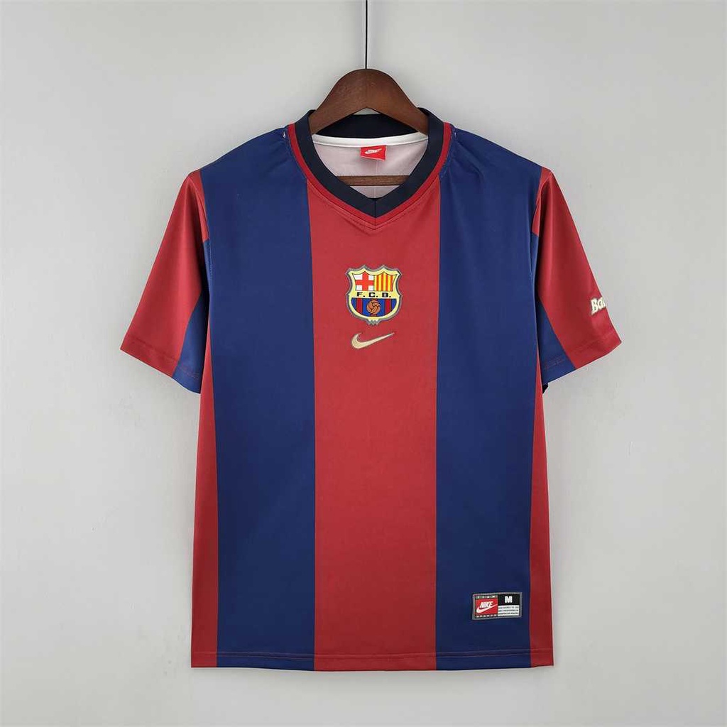 เสื้อกีฬาแขนสั้น ลายทีมชาติฟุตบอล Barcelona 1998-99 ชุดเหย้า สไตล์เรโทร