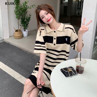 Kuik ​ชุดเดรสไหมพรมคอปก ลายทางลายคลาสสิค​สวยๆ คอปกโปโล ผ้าถัก ทรงหลวม ลายทาง สไตล์วินเทจ