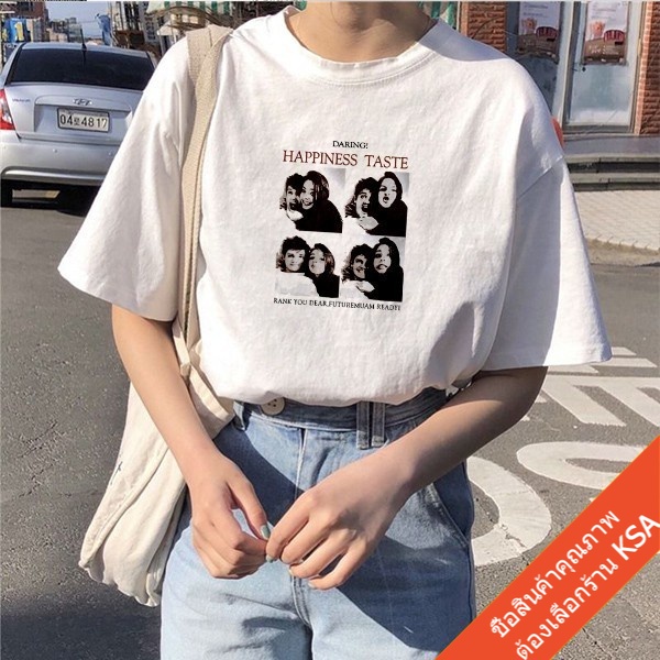 QCเสื้อยืดพิมพ์ลายKsa lulu เสื้อยืดผู้หญิงสีขาว🍒🍒 เสื้อผ้าแฟชั่นเกาหลี คอกม ทรงหลวมT-shirt oversize 
