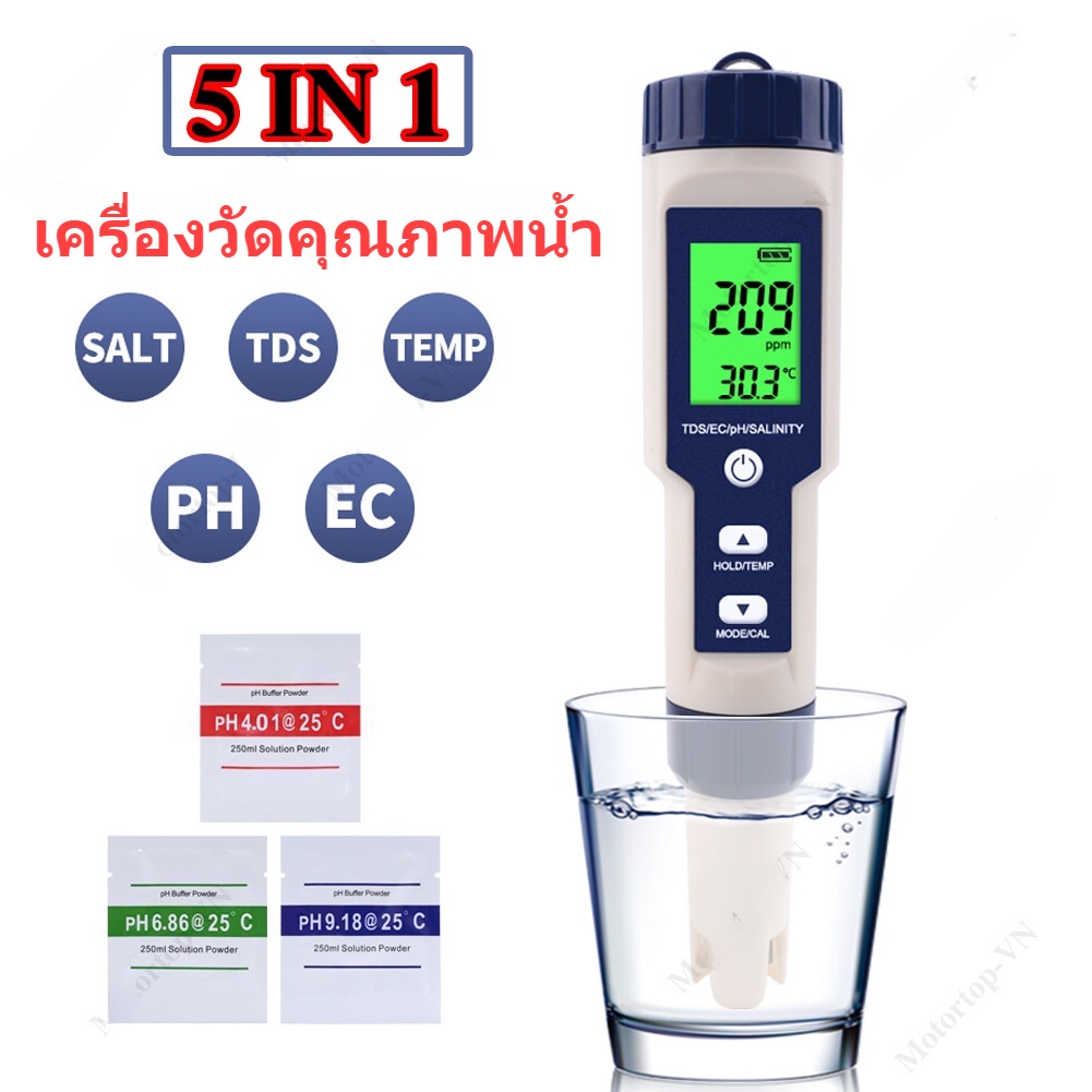 ใหม่ 5In1 ตัวทดสอบคุณภาพ PH(การนำไฟฟ้า) /TDS (Ppm)/ความเค็ม (Ppt)/เครื่องวัดอุณหภูมิพืชสวนกันน้ำ เครื่องวัดค่า ph ในน้ํา