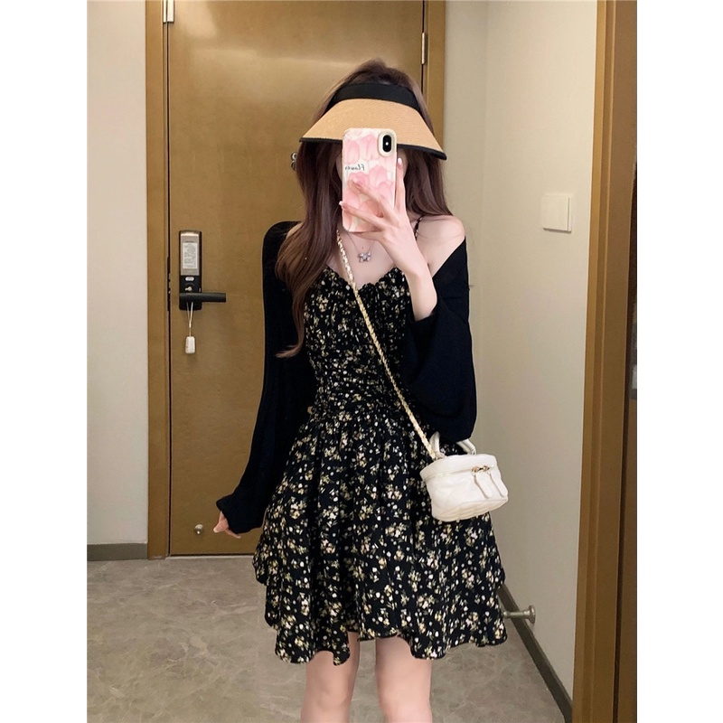 Suxi ชุดเดรสสายเดี่ยว ลายดอกไม้ สีดํา และเสื้อคาร์ดิแกน ทรงสลิมฟิต สีพื้น แบบเรียบ เหมาะกับฤดูร้อน