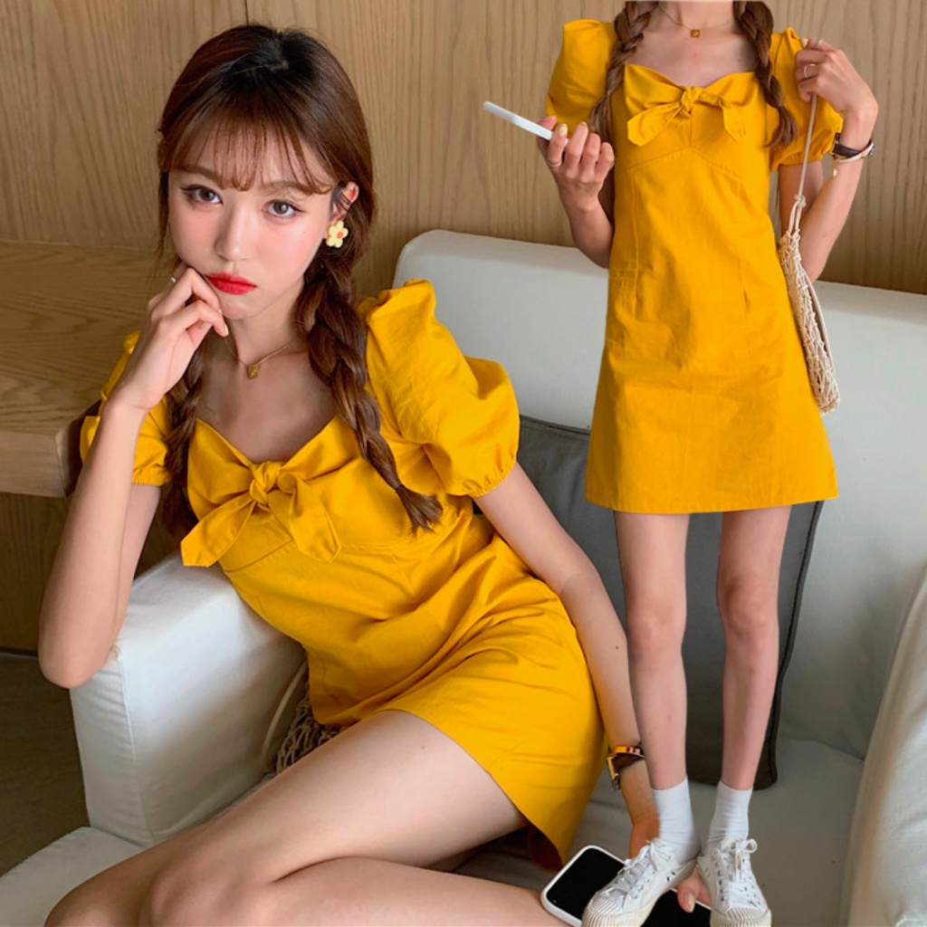 พร้อมส่ง 🍳 Khloe dress เดรสแขนสั้นแต่งโบว์ (31976)