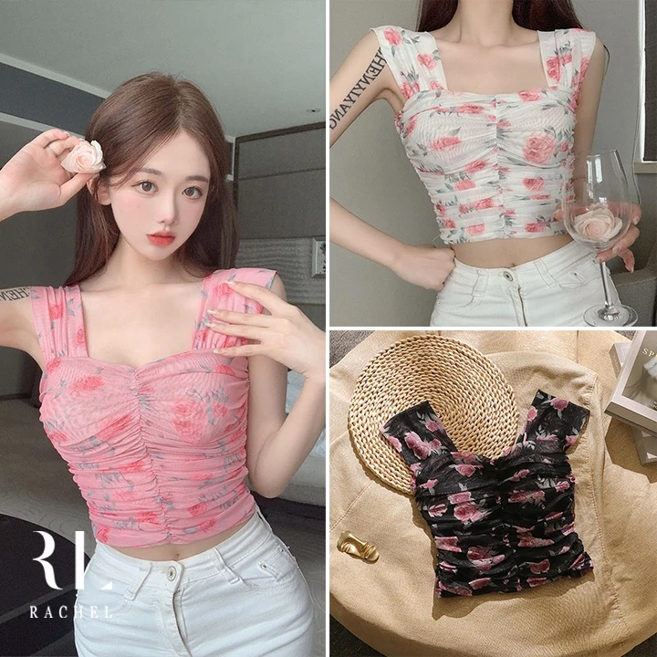 เสื้อเชิ้ตชีฟองลายดอก แขนกุด สไตล์เกาหลี