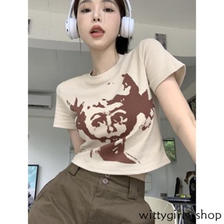 Wittygirls-shop_เสื้อยืดครอปแขนสั้น พิมพ์ลาย สไตล์วินเทจ สําหรับผู้หญิง