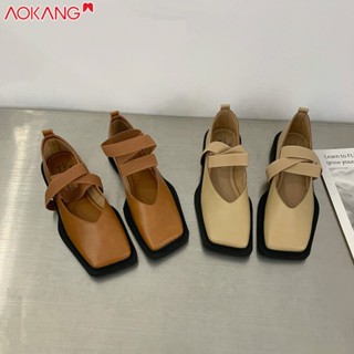 AOKANG Retro Strappy Square Toe Mary Jane Ballerina รองเท้าแบนสําหรับผู้หญิงปากตื้นฝรั่งเศสตื้น