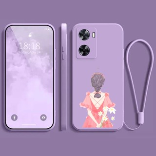 เคส Oppo A57 2022 A77S เคส สาวสวย การ์ตูน ซิลิโคนเหลว เคสโทรศัพท์ เคสนิ่ม + สายคล้องโทรศัพท์มือถือ