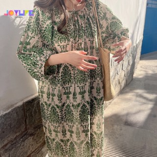 ชุดเดรสยาว คอกลม แขนทรงโคมไฟ ทรงหลวม แต่งลูกไม้ ลายดอกไม้ สไตล์เกาหลี เรโทร แฟชั่นฤดูร้อน สําหรับสตรี