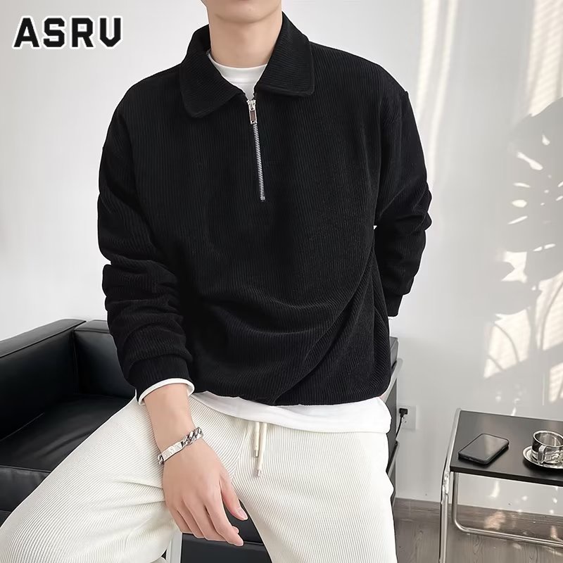 ASRV เสื้อสเวตเตอร์ผู้ชาย ซิป เกาหลี พับคอ สไตล์อินเทรนด์ ใส่สบาย แขนยาว สีทึบ