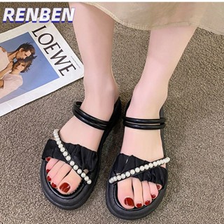 RENBEN  ใหม่หนา soled ลูกปัดสองสวมรองเท้าแตะผู้หญิงฝรั่งเศสมุกโรมันรองเท้าแตะ