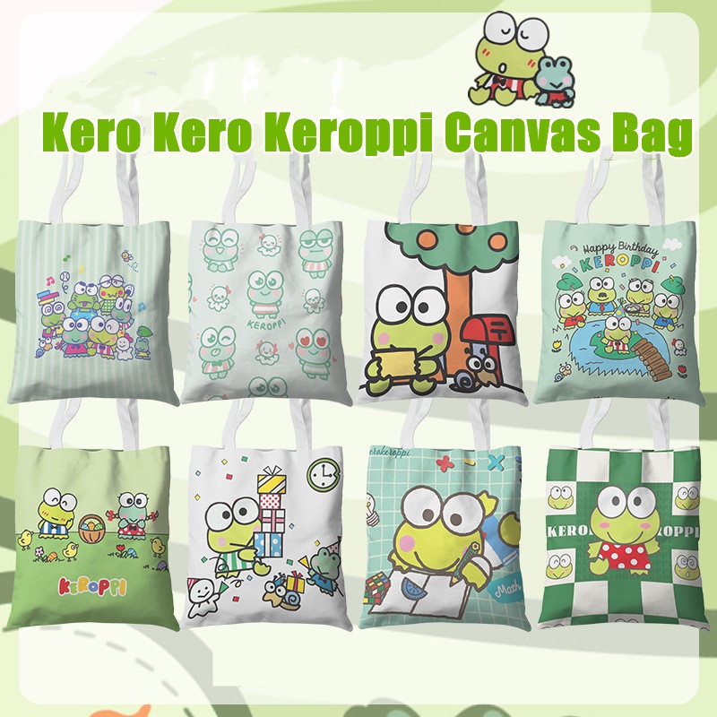 Kero Kero Keroppi กระเป๋าสะพายไหล่ กระเป๋าช้อปปิ้ง ผ้าแคนวาส แบบหนา พิมพ์ลายการ์ตูนน่ารัก สองด้าน สําหรับนักเรียน