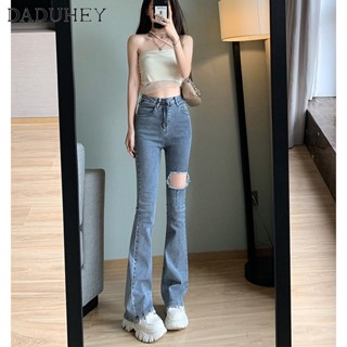 DaDuHey🎈 Women New Korean Style Raw Edge Ripped Jeans High Waist Slimming Casual Mopping Flared Plus Size Pants