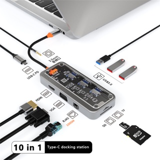 10-in-1 อะแดปเตอร์ฮับ USB Type C USB-C เป็น HDMI VGA การ์ดรีดเดอร์ RJ45 PD 100 ม. สําหรับโน้ตบุ๊ก Macbook