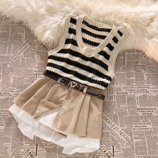 One Piece/Set 2022 Summer New Vintage Striped Vest Short Sleeve Top High Waist Skirt with Belt